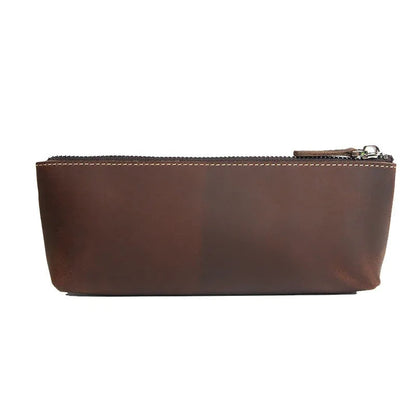 Brown leather pencil case with zip closure and contrast stitched trim
