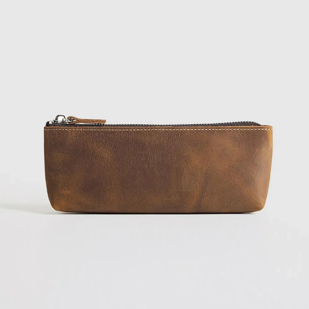 Tan-brown leather pencil case with silver zipper and stitched edge detailing