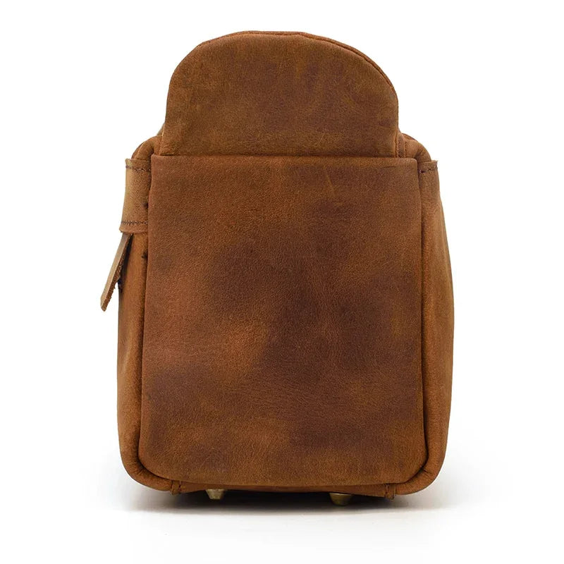 Leather toiletry bag with rounded top and front vertical panel detail