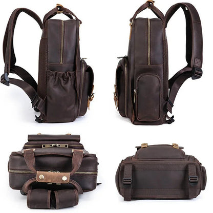 Brown leather camera backpack with side zippers, front pocket organizer, and adjustable shoulder straps
