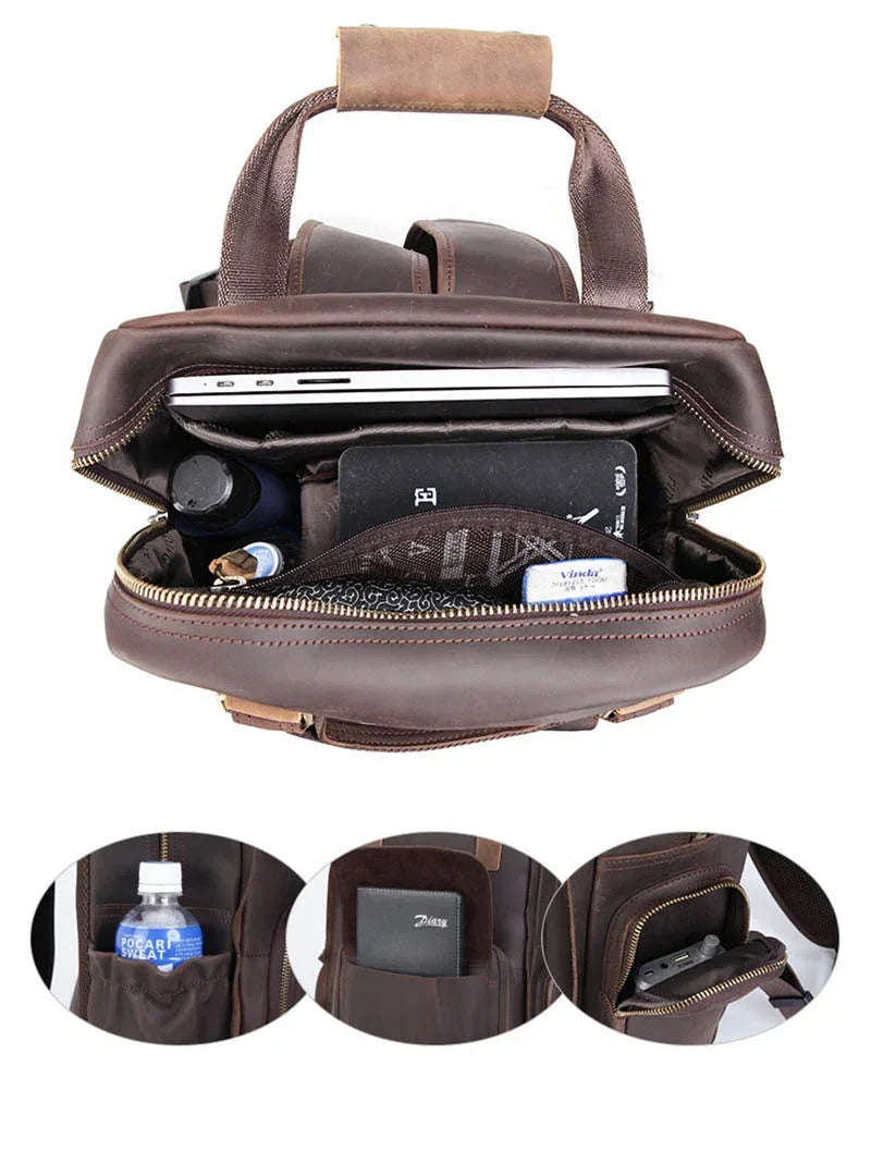 Dark brown leather camera backpack open showing internal organizers and side zip