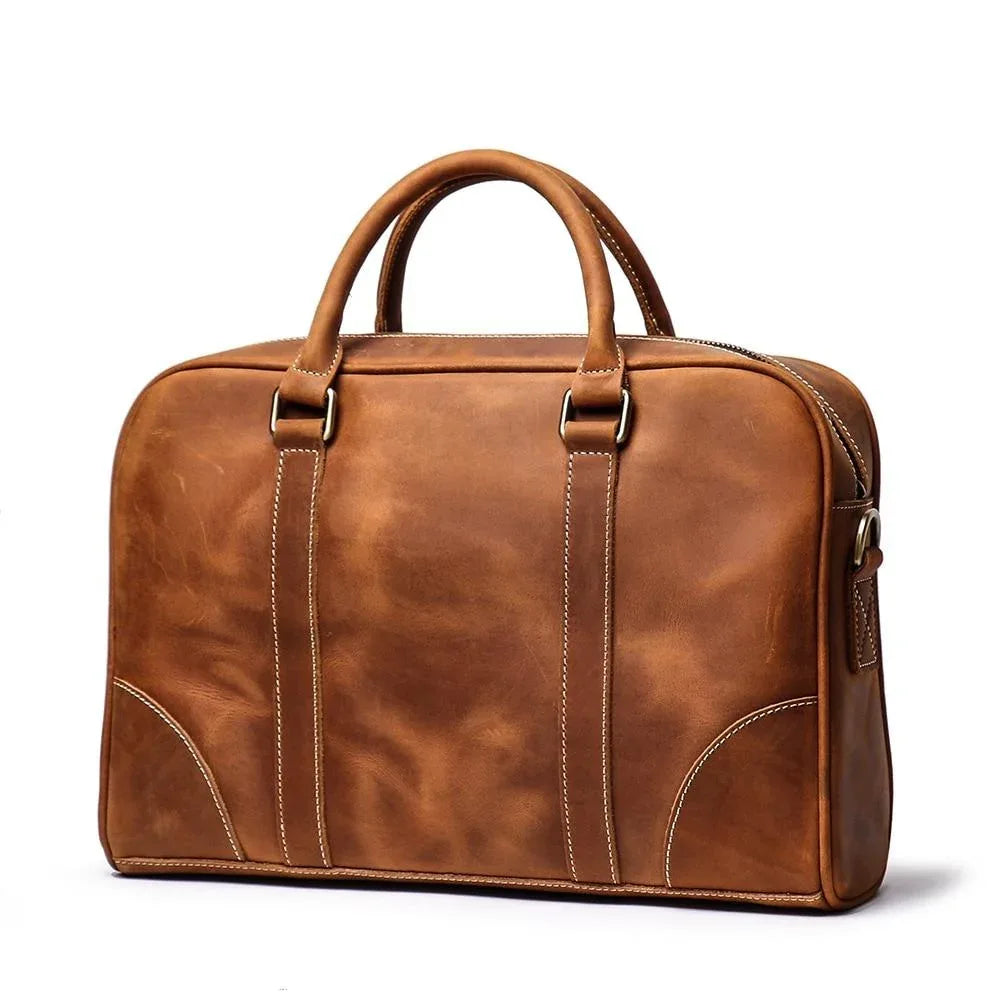 Vintage leather briefcase with top handles and front double-stitch panels
