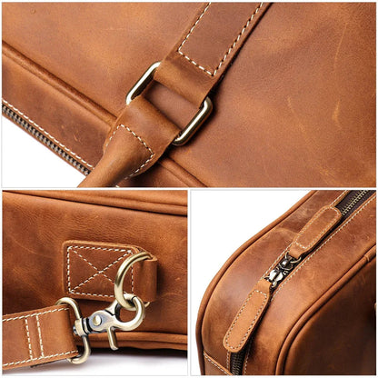 Leather briefcase hardware close-up with D-ring strap and stitched edging