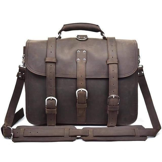 Dark brown leather messenger bag with front buckles and two carry handles