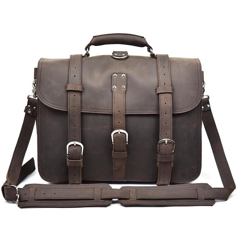 Dark brown leather messenger bag with front organizer panel and adjustable shoulder straps