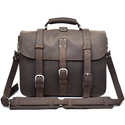 Dark brown leather messenger bag with front organizer panel and adjustable shoulder straps