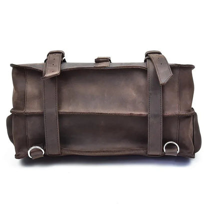 Dark brown leather messenger bag back with two vertical strap loops and top handle