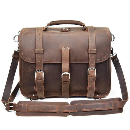 Dark brown leather messenger bag with front flap, buckle details, and two straps