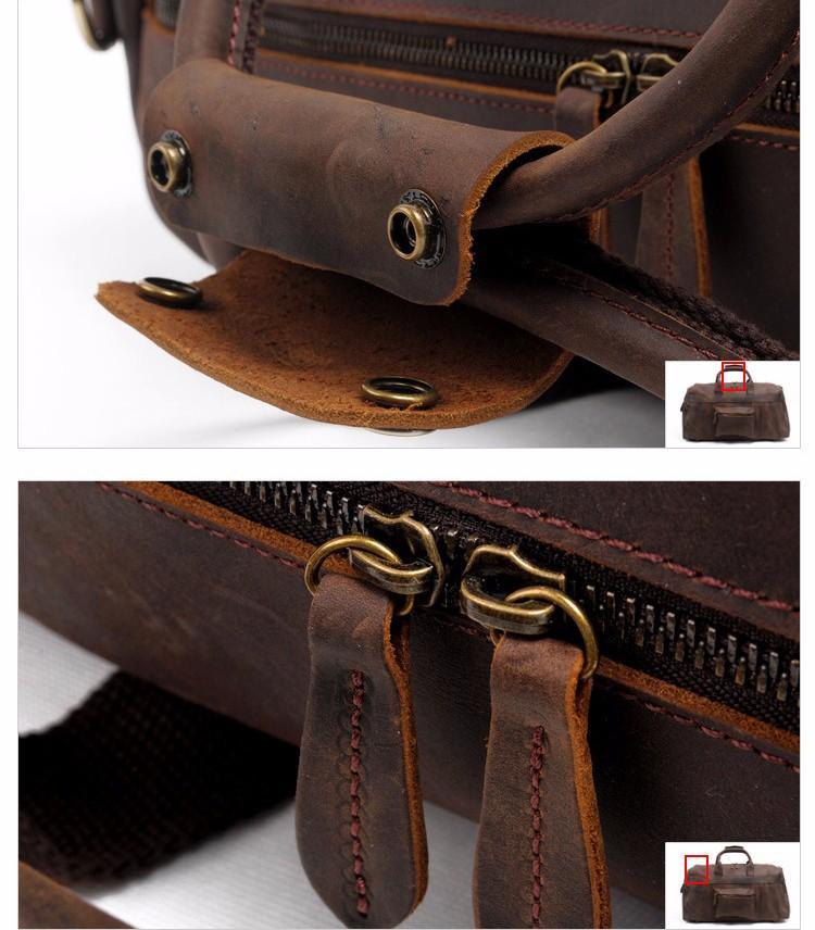 Brown leather duffle bag corner detail with brass grommets and zip pull