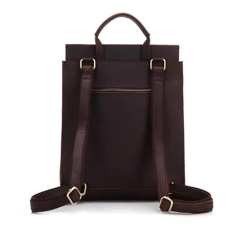 Dark brown leather backpack with front zipper pocket and adjustable shoulder straps