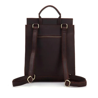 Dark brown leather backpack with front zipper pocket and adjustable shoulder straps