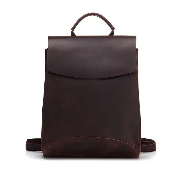 Dark brown leather travel backpack with top handle and front flap, front pocket
