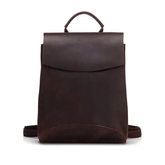 Dark brown leather travel backpack with top handle and front flap, front pocket
