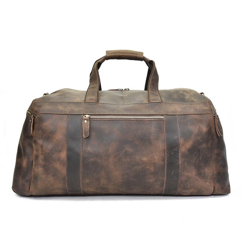 Large leather duffle weekender bag with top handles and front zip pocket, brown.