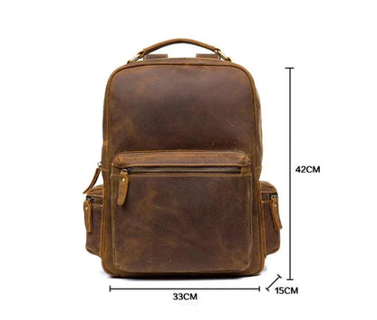 Brown leather backpack with top handle, front zip pocket, and side zip compartments.