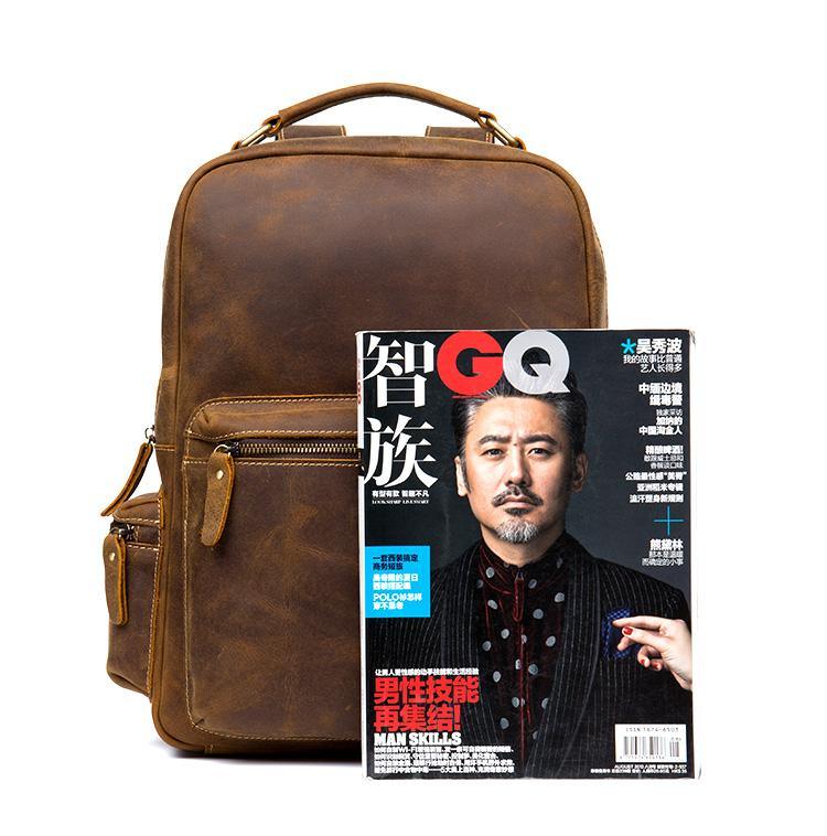 Brown leather backpack with top handle and front zip pocket, magazine covering the front.