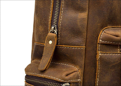 Brown leather backpack detail with front zipper pull tab and stitched pocket panel.