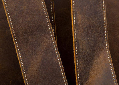 Brown leather vintage backpack close-up of vertical panel stitching details