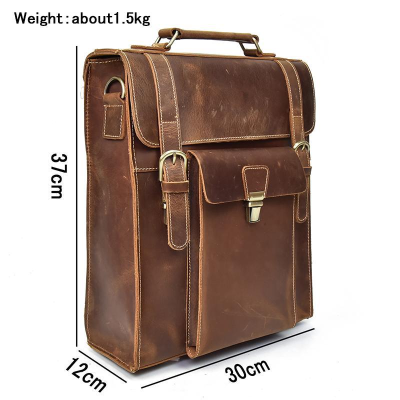 Dark brown leather backpack upright view with top handle and flap-front organizer