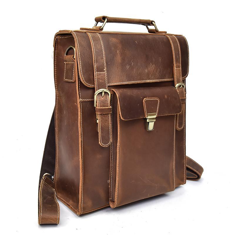 Brown leather backpack with front flap, central clasp, and side strap