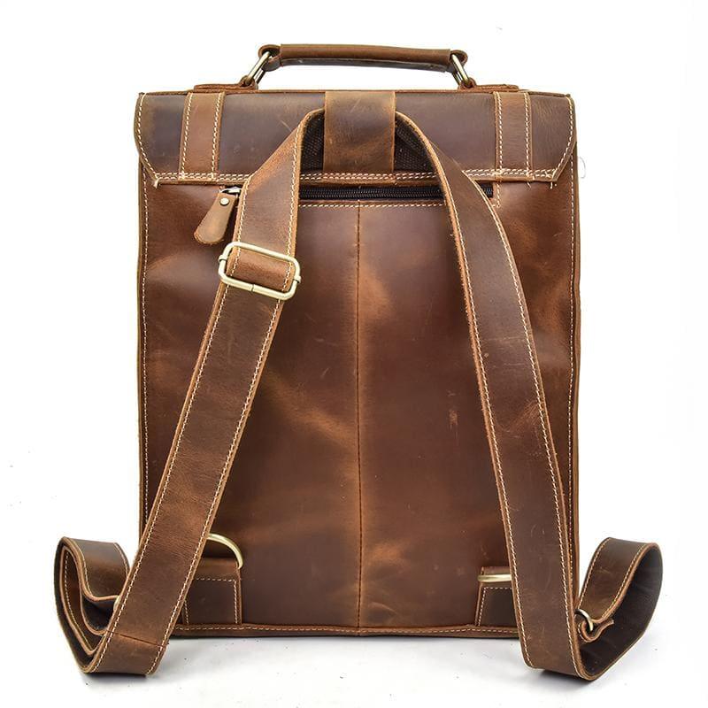 Brown leather backpack with top handle and adjustable shoulder straps