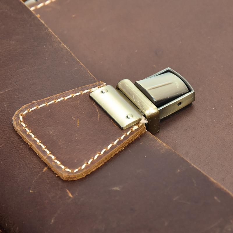 Leather backpack pocket with strap tab and metal buckle hardware