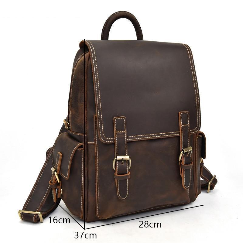 Brown leather backpack dimensions 37cm x 28cm x 16cm, front flap and straps