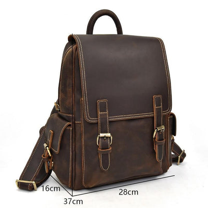 Brown leather backpack dimensions 37cm x 28cm x 16cm, front flap and straps