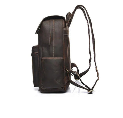 Vintage leather laptop backpack in dark brown, front side with adjustable shoulder strap.