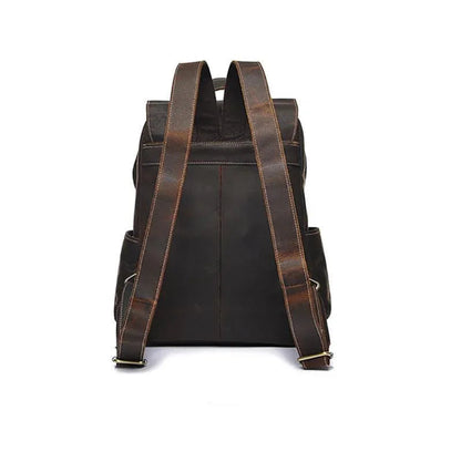 Vintage leather laptop backpack, back view with two adjustable shoulder straps.