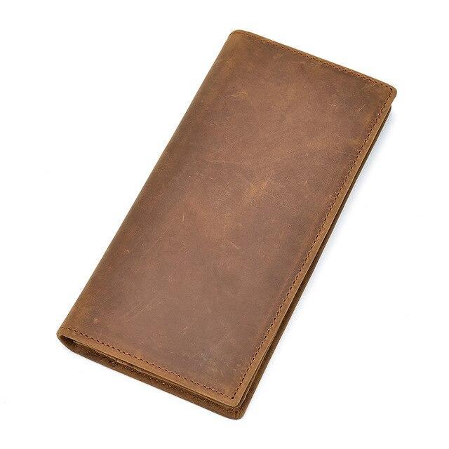 Brown genuine leather pocket book with stitched edges and smooth front panel