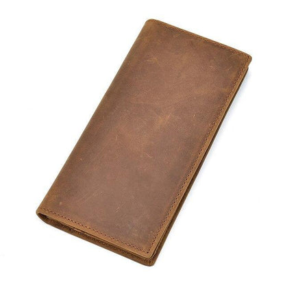 Brown genuine leather pocket book with stitched edges and smooth front panel