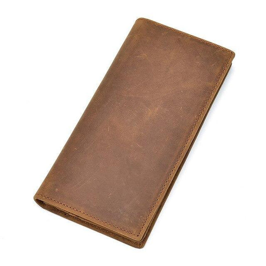 Brown genuine leather pocket book with stitched edges and smooth front panel