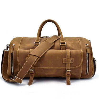 Handmade leather duffle bag in dark brown, top handles, front strap, side zipper pockets