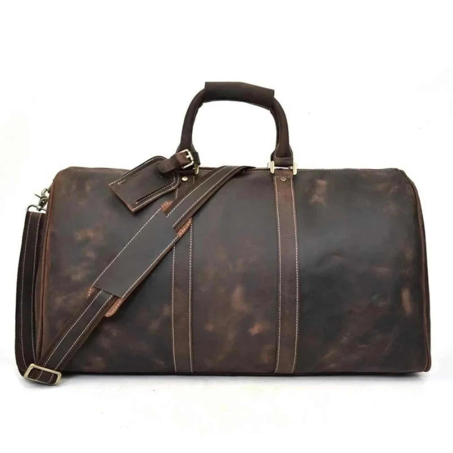 Dark brown leather duffel bag with adjustable shoulder strap and stitched panels