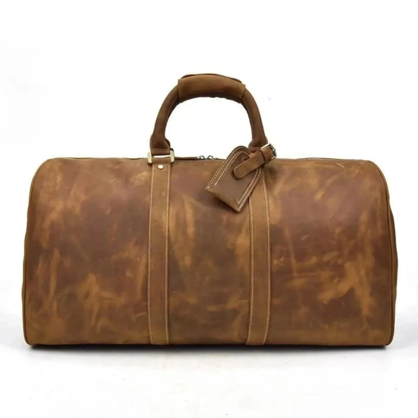 Brown leather duffel bag with top handle and side zip pocket details