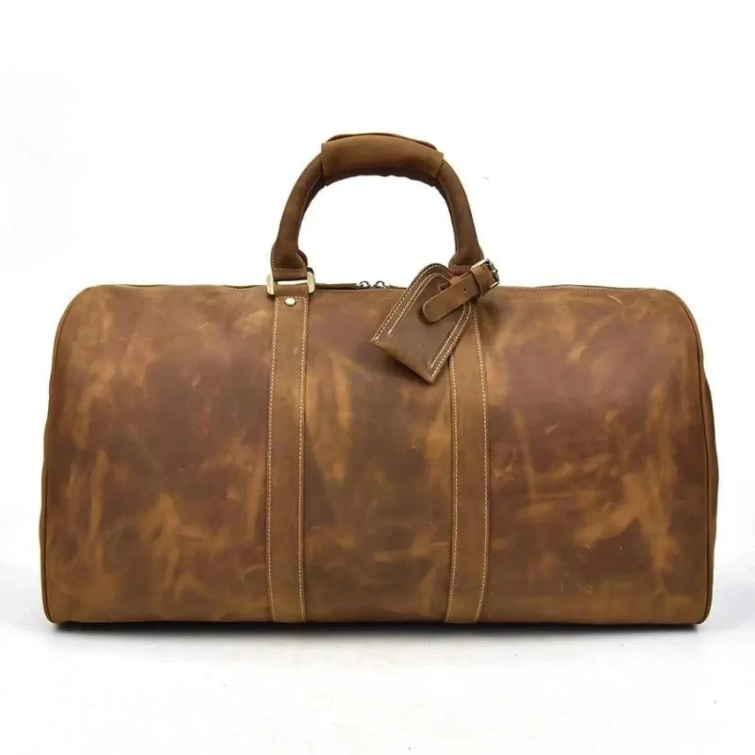 Brown leather duffel bag with top handle and side zip pocket details