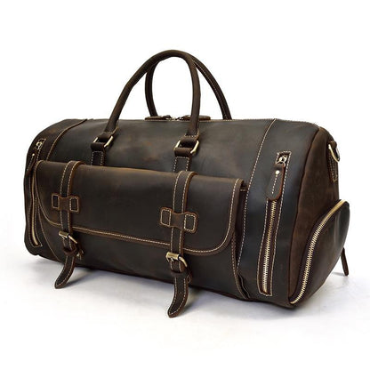 Handmade leather weekender duffle bag in dark brown with front buckled flap