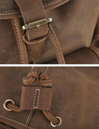 Brown leather rucksack strap with metal buckle and stitched front pouch detail