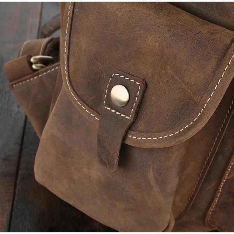 Close-up of brown leather front flap with round snap and contrast stitching