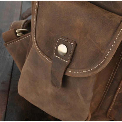 Close-up of brown leather front flap with round snap and contrast stitching