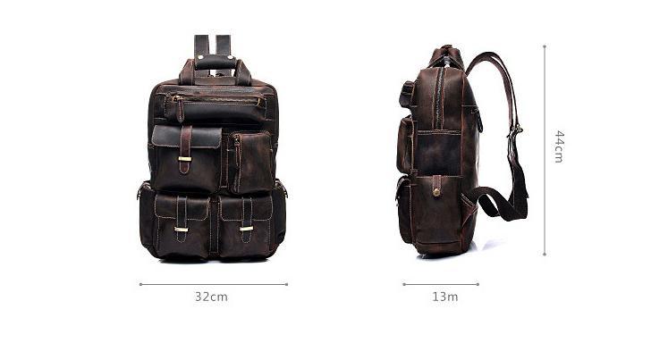 Brown leather backpack from front and side, with top handle and strap.