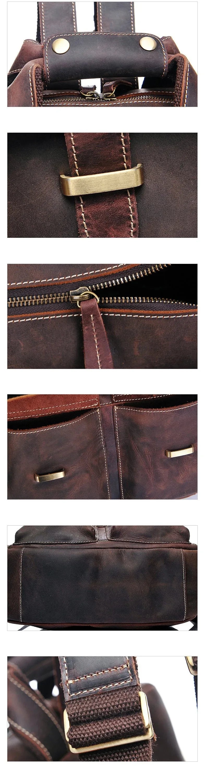 Leather backpack close-ups: stitched panels, zippers, buckles, and strap details.