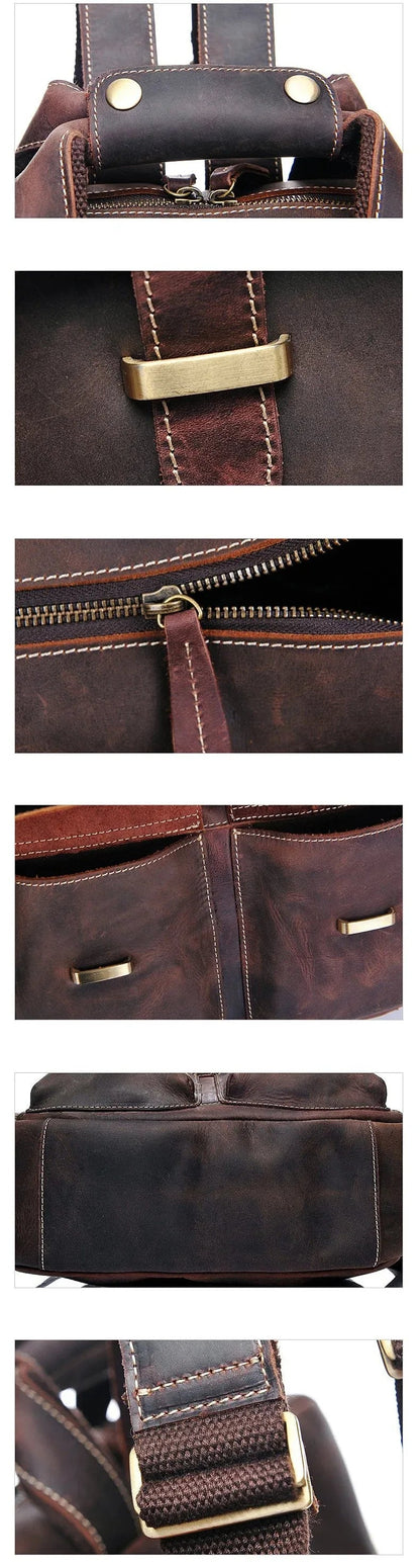 Leather backpack close-ups: stitched panels, zippers, buckles, and strap details.