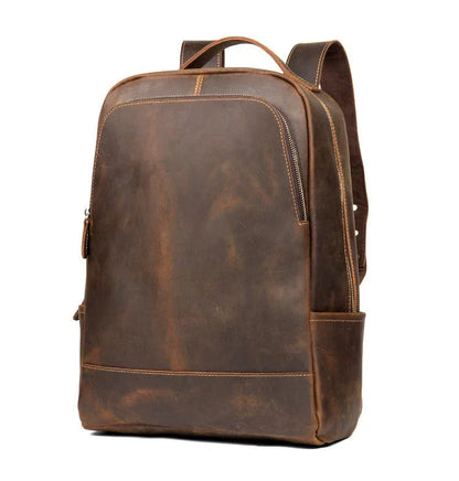 Vintage leather backpack with side zipper and adjustable shoulder straps in dark brown