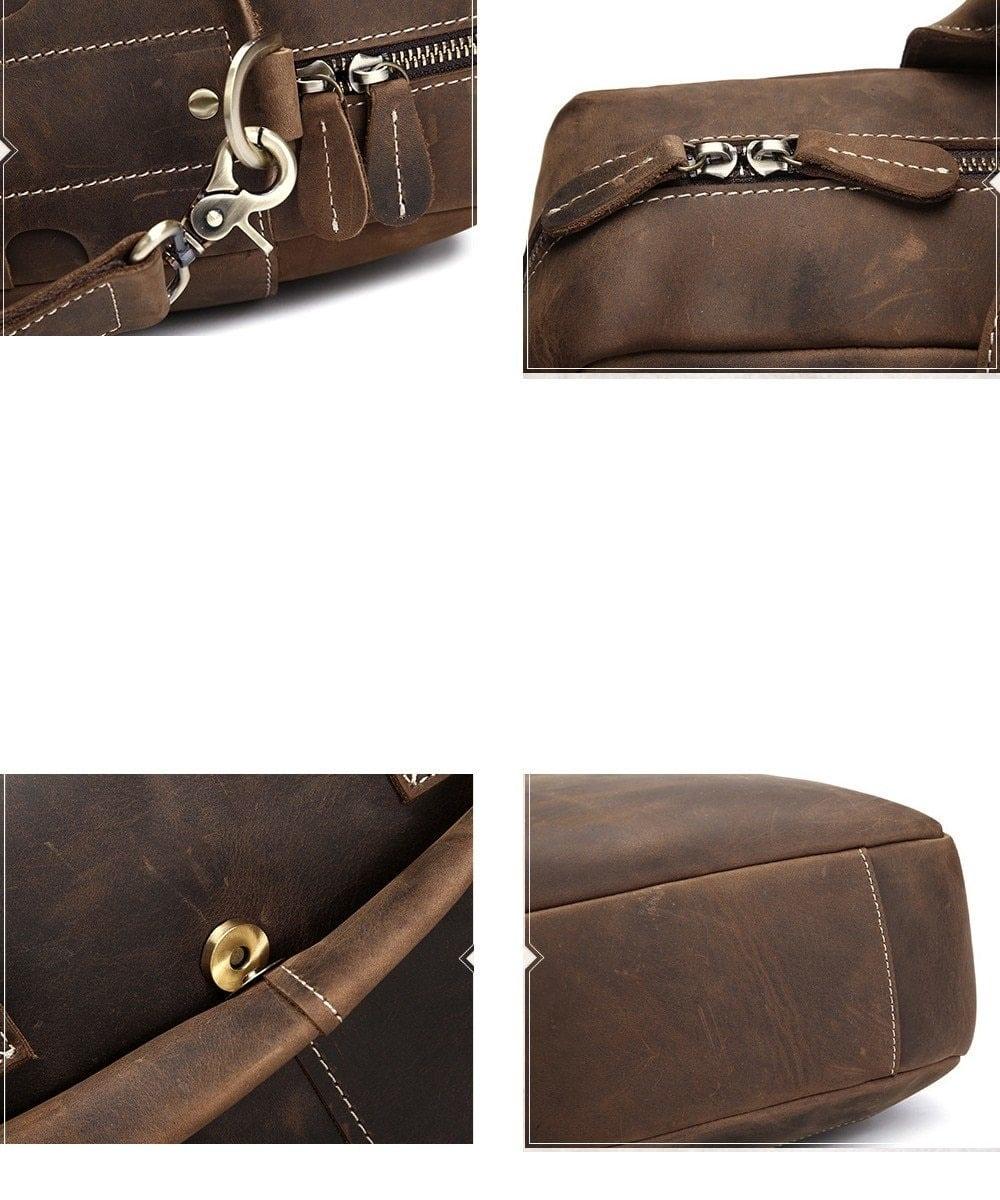 Vintage leather messenger bag detail: metal hardware, zipper track, and stitched corner seams