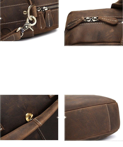 Vintage leather messenger bag detail: metal hardware, zipper track, and stitched corner seams
