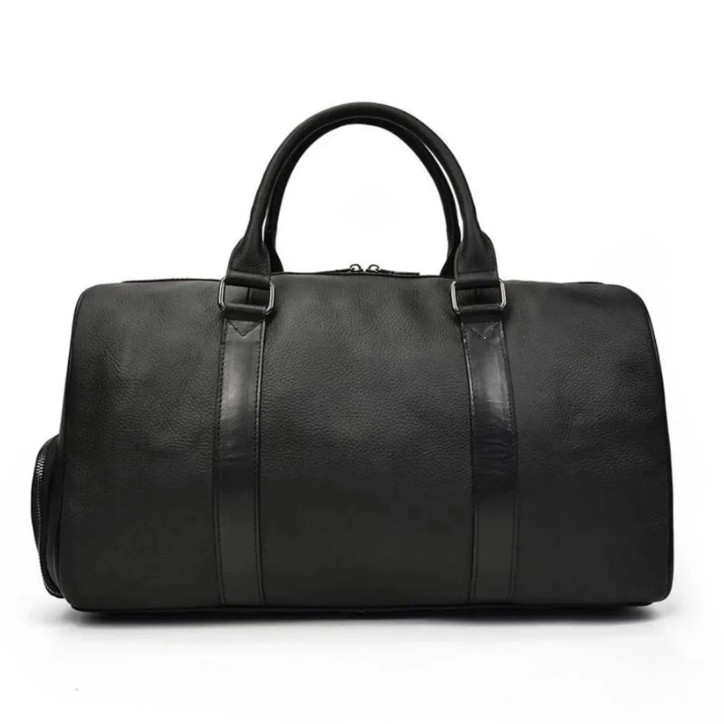 Black leather weekender duffle bag with top handles and center panel seams.