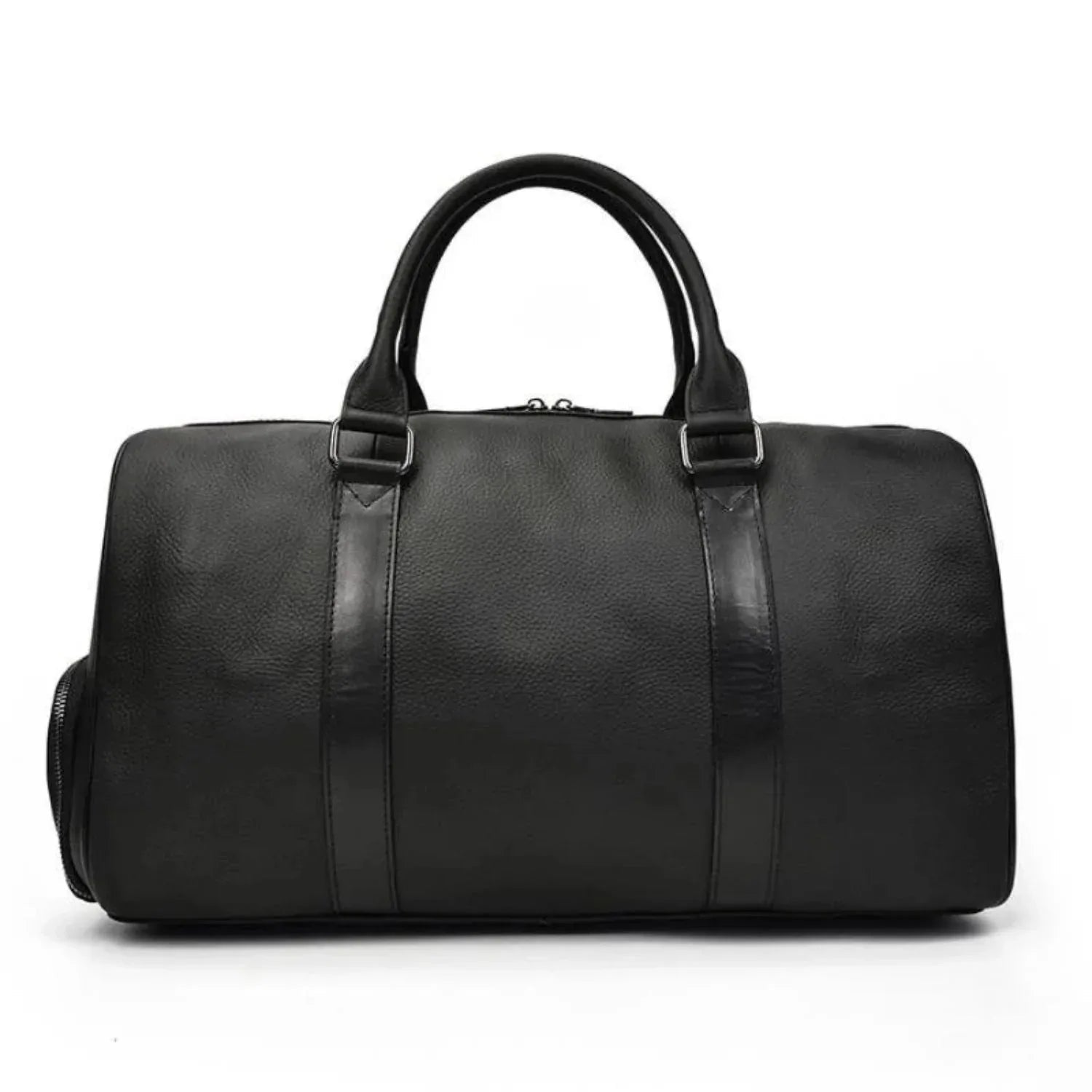 Black leather weekender duffle bag with top handles and center panel seams.