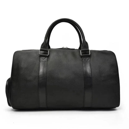 Black leather weekender duffle bag with top handles and center panel seams.